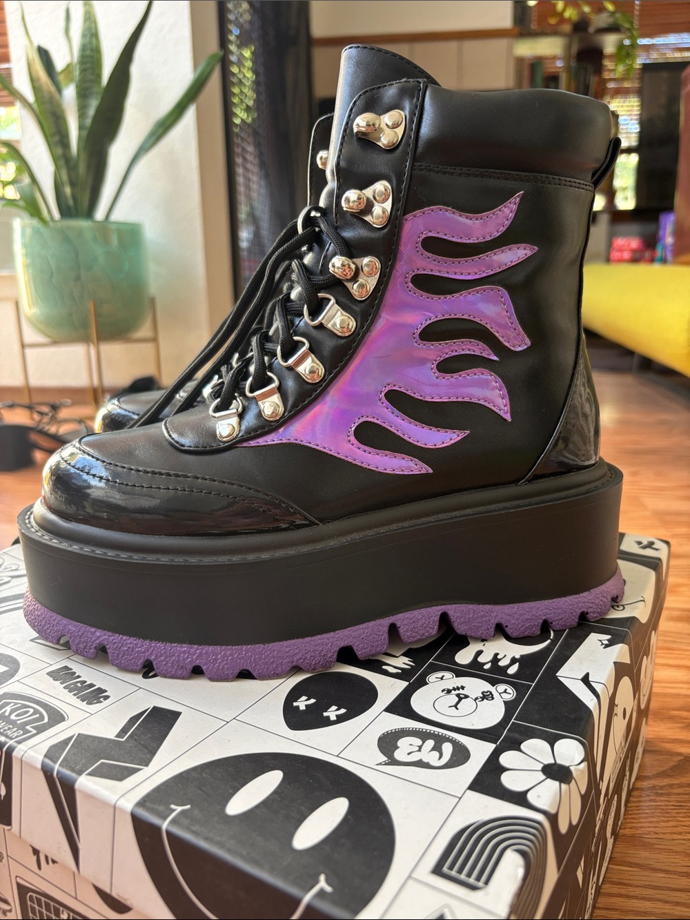 Black Platform Lace-Up Boots with Purple Flame Accent